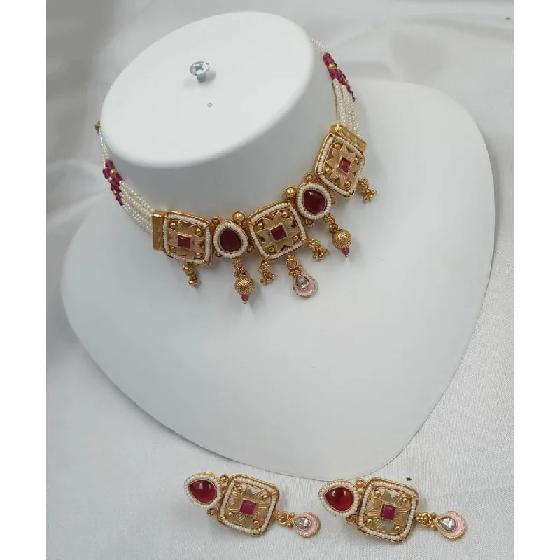 Unique Designer Necklace-Akruti Collection Gold Plated Kundan Stone And Meenakari Choker Necklace Set