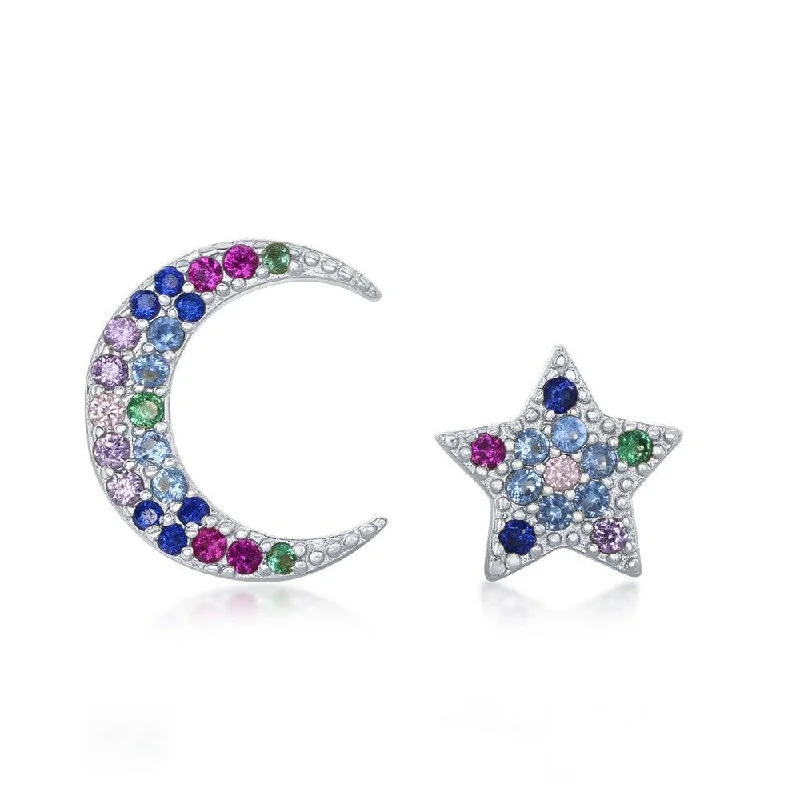 Celestial Star Earrings-Sterling Silver Crescent Moon and Star CZ Earrings