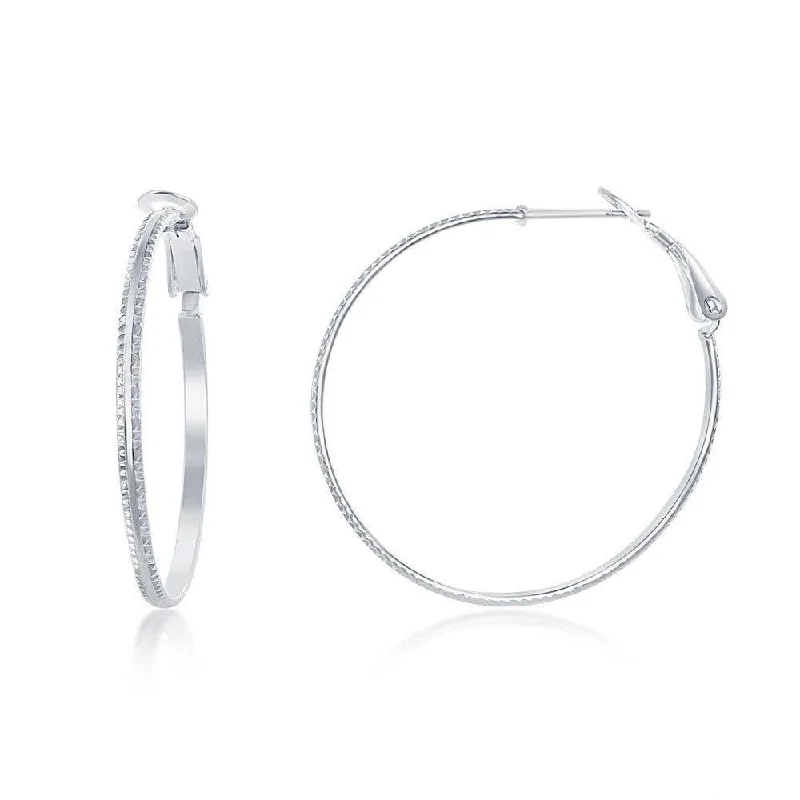 Rainbow Gem Earrings-Sterling Silver Double Ridge Hoop Earrings, 35 mm