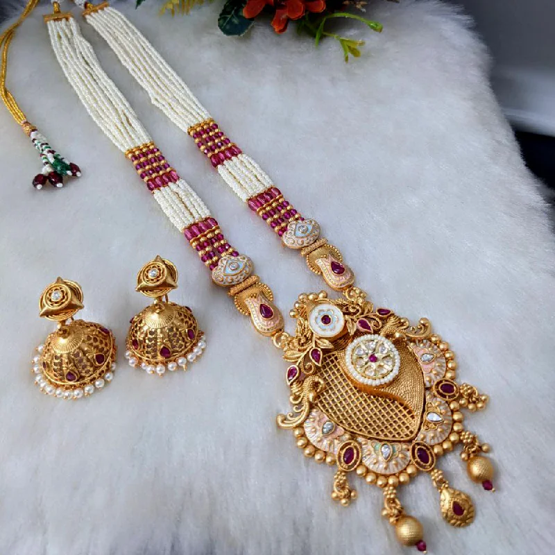 Gemstone Beaded Necklace-Aamrapali Gold Plated Pota Stone And Meenakari Long Necklace Set