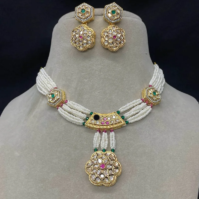 Pearl and Gold Necklace-Amoliya Jewels Gold Plated Polki Kundan Necklace Set