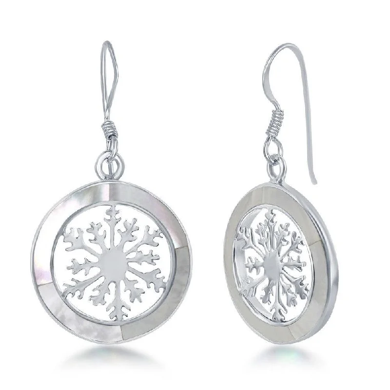 Moonstone Earrings-Sterling Silver Snowflake Round Earrings - MOP