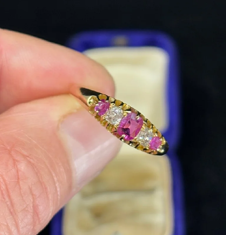 Vintage Gold Ring-Antique Victorian Half Hoop Ring with Pink Sapphires and Diamonds