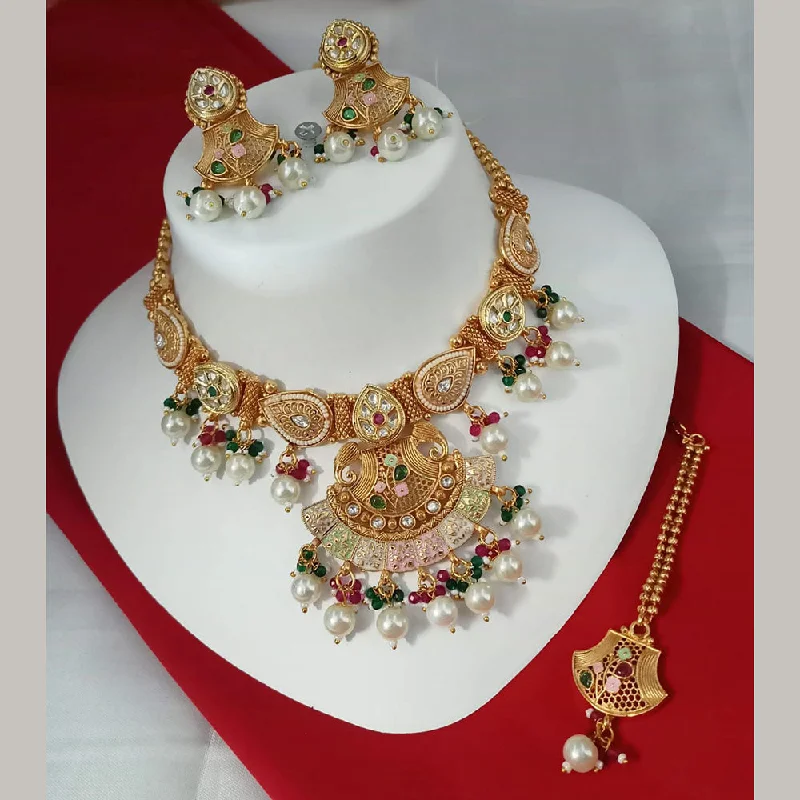 Gold Link Necklace-Padmawati Bangles Gold Plated Polki Kundan Stone And Pearls Meenakari Necklace Set