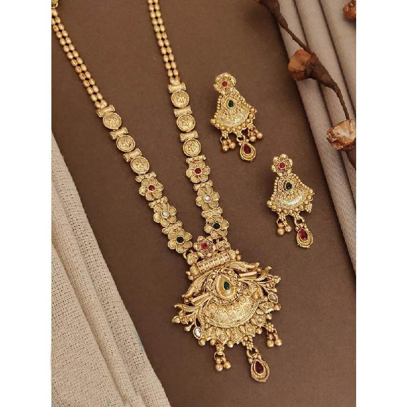 Birthstone Necklace for Mom-Akruti Collection Gold Plated Kundan Long Necklace Set