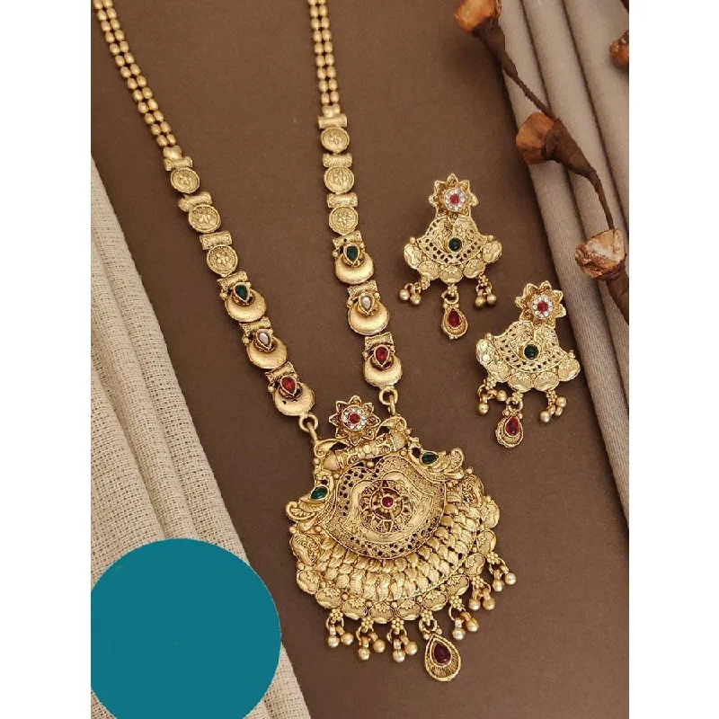 Gemstone Pendant Necklace-Akruti Collection Gold Plated Kundan Long Necklace Set