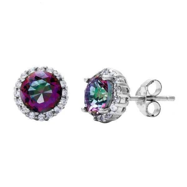 Fashionable Chain Earrings-Sterling Silver Prong Round Rainbow CZ with Clear CZ Border Earrings