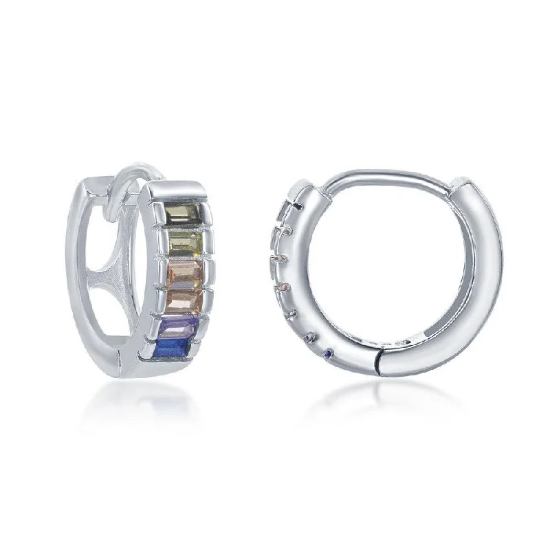 Nature-Inspired Gold Earrings-Sterling Silver  Half Center Channel Set Rainbow CZ Hoop Earrings