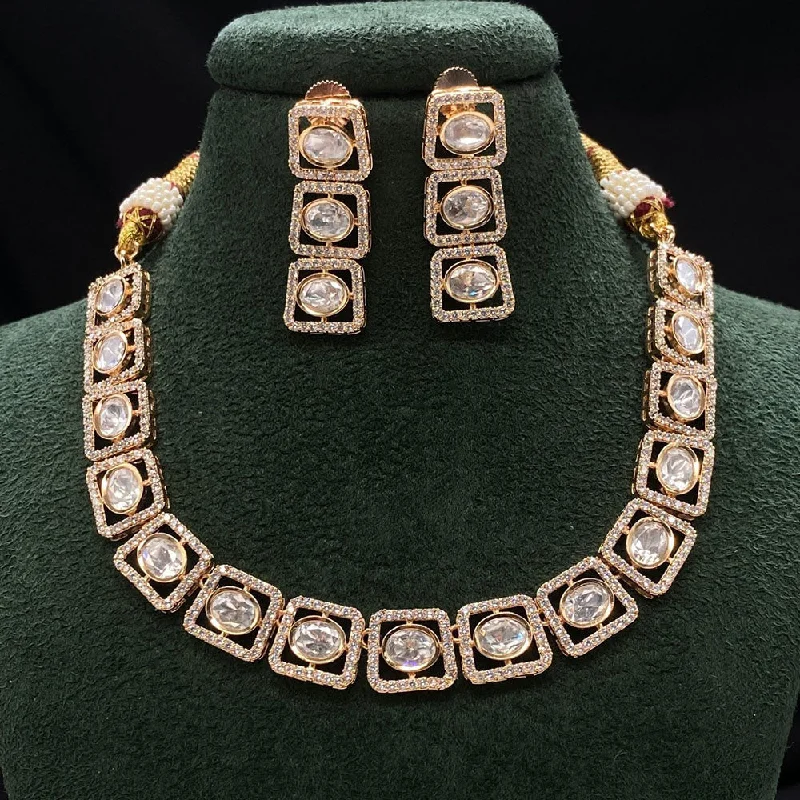 Stylish Pearl Necklace-Royal Kundan Jewellery Rose Gold Plated Polki Kundan Necklace Set