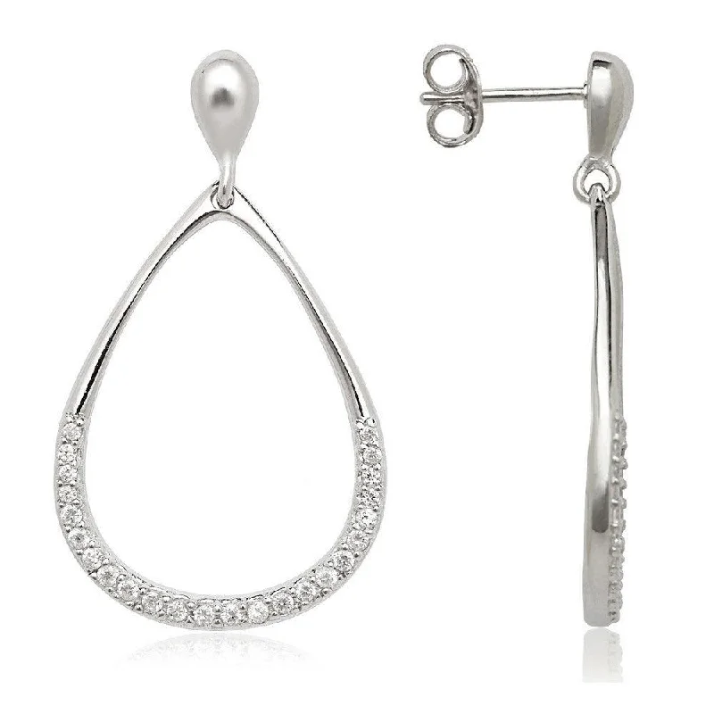 Classic Round Earrings-Sterling Silver Open Teardrop with Half CZ Earrings