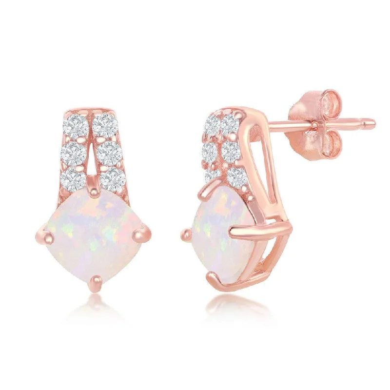 Bold Silver Earrings-Sterling Silver Double Row CZ Four-Prong Diamond-Shaped White Opal Earrings - Rose Gold Plated