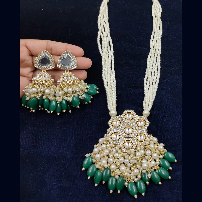 Gold Coin Necklace-Gehana Mahal Gold Plated Kundan And Pearl Long Necklace Set