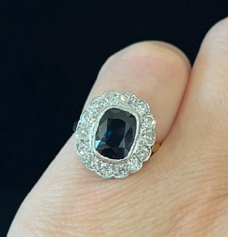 Unique Vintage Wedding Ring-1920s Cushion Cut Sapphire and Diamond Cluster Ring