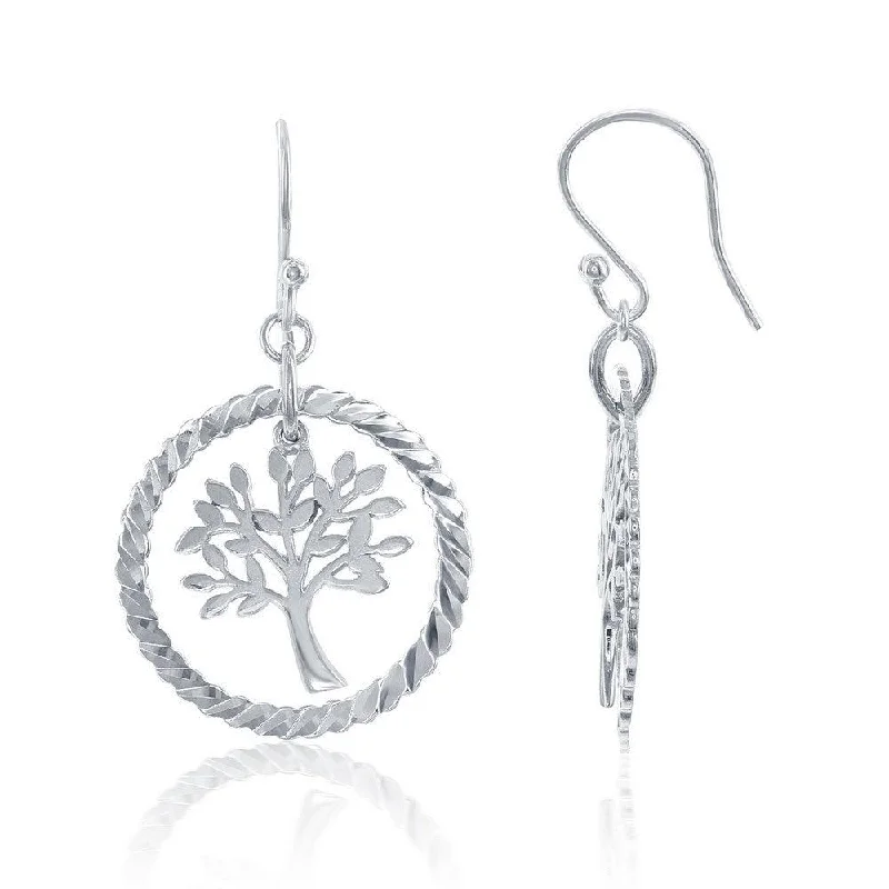 Colored Stone Earrings-Sterling Silver Open Circle with Hanging Tree Earrings