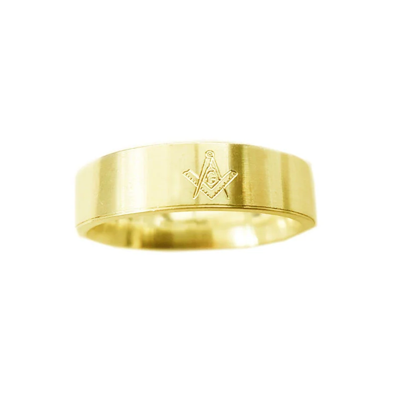 Classic Diamond Wedding Band-Engraved Masonic Flat Band Ring in 9 ct Yellow Gold