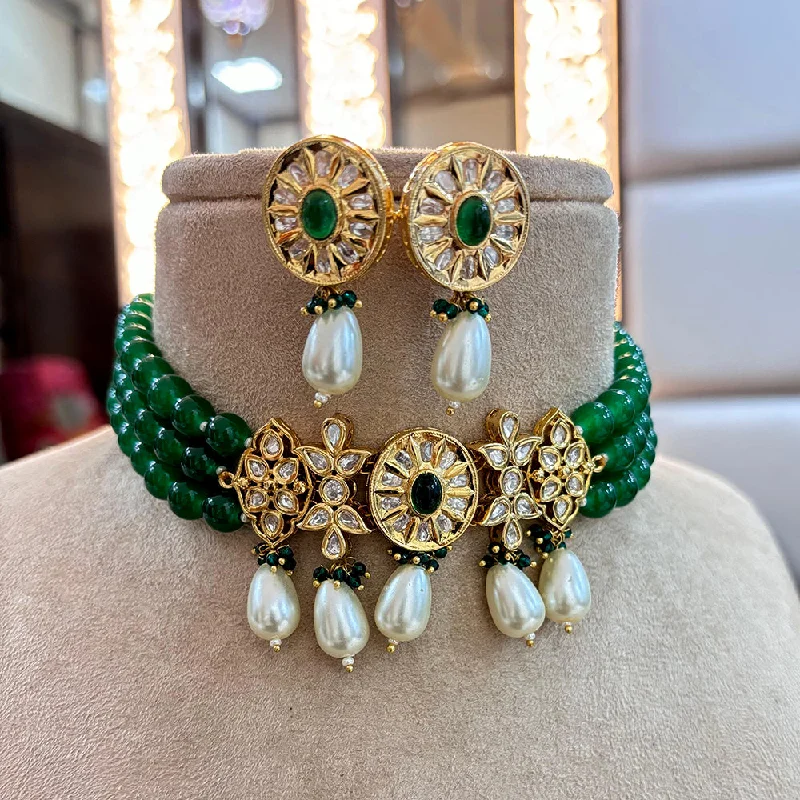 Elegant Gold Necklace-Jewel Addiction Copper Gold Plated Polki Kundan And Pearls Choker Necklace Set