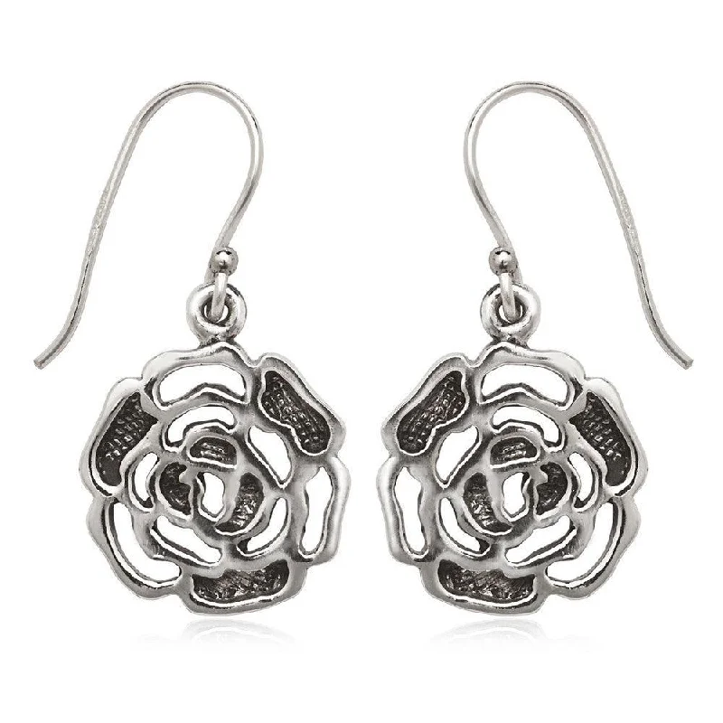 Pearl Hoop Earrings-Sterling Silver Oxidized Open Rose Earrings