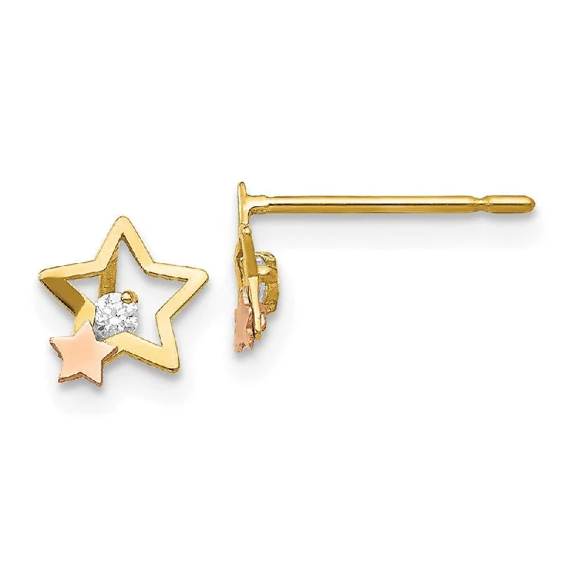 Classic Pearl Stud Earrings-Madi K Kid's 14k Yellow & Rose Gold  CZ  Star Post Earrings