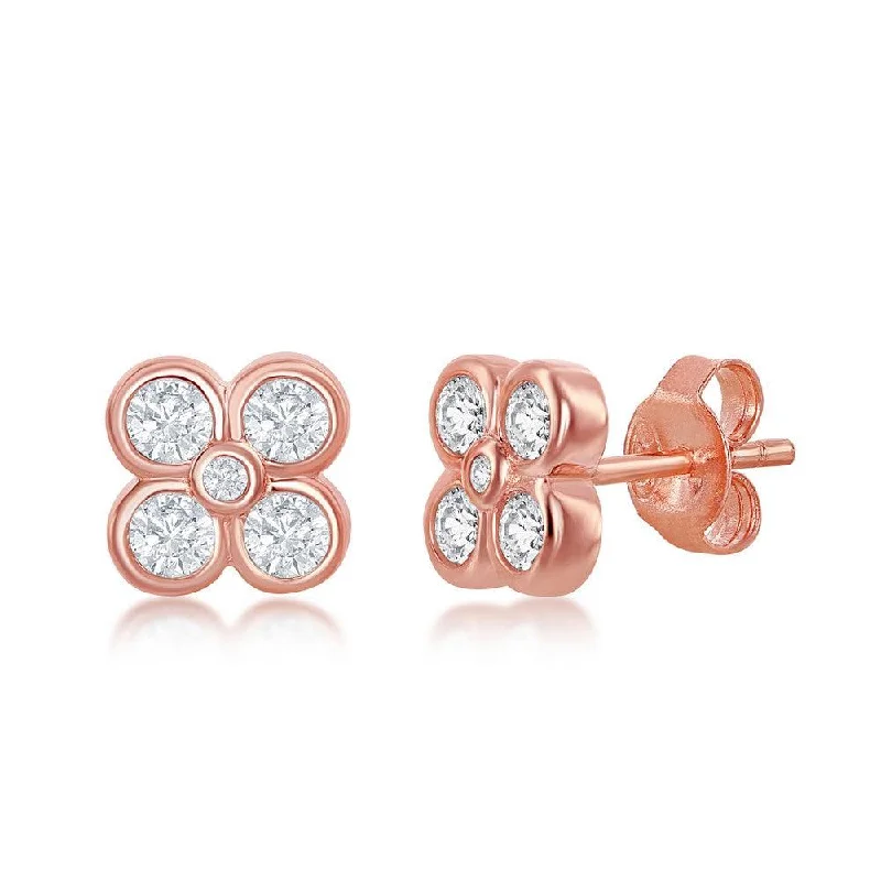 Antique Style Earrings-Sterling Silver Rose GP Small Flower CZ Stud Earrings