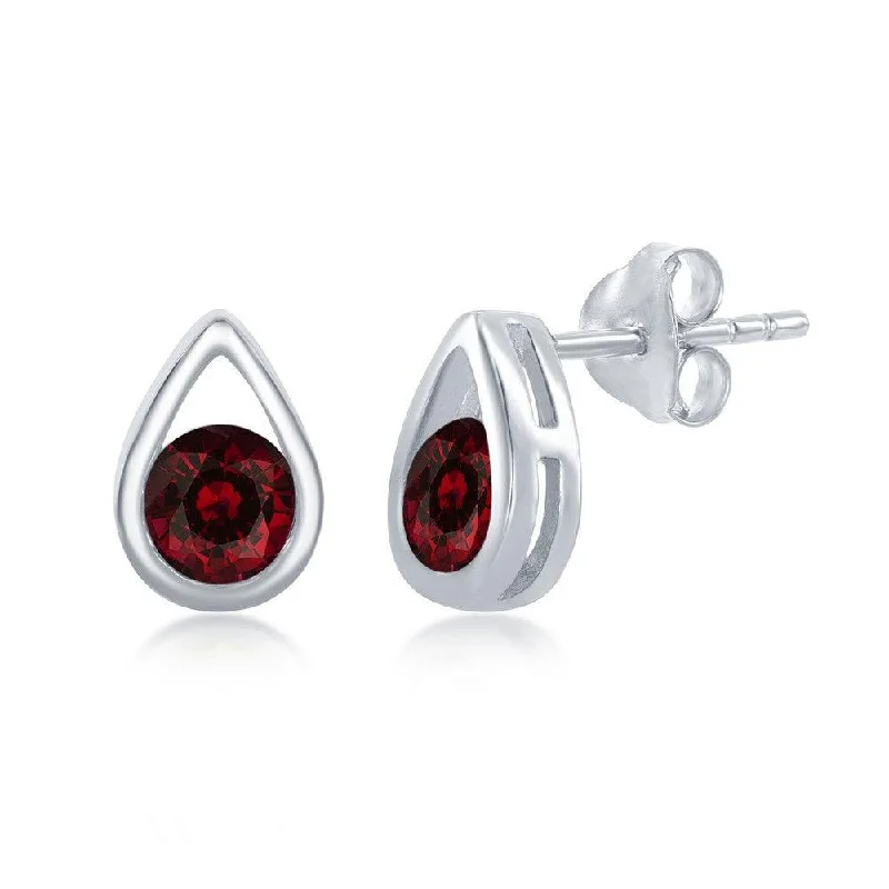 Geometric Drop Earrings-Sterling Silver Open Pear shape Garnet Stud Earrings