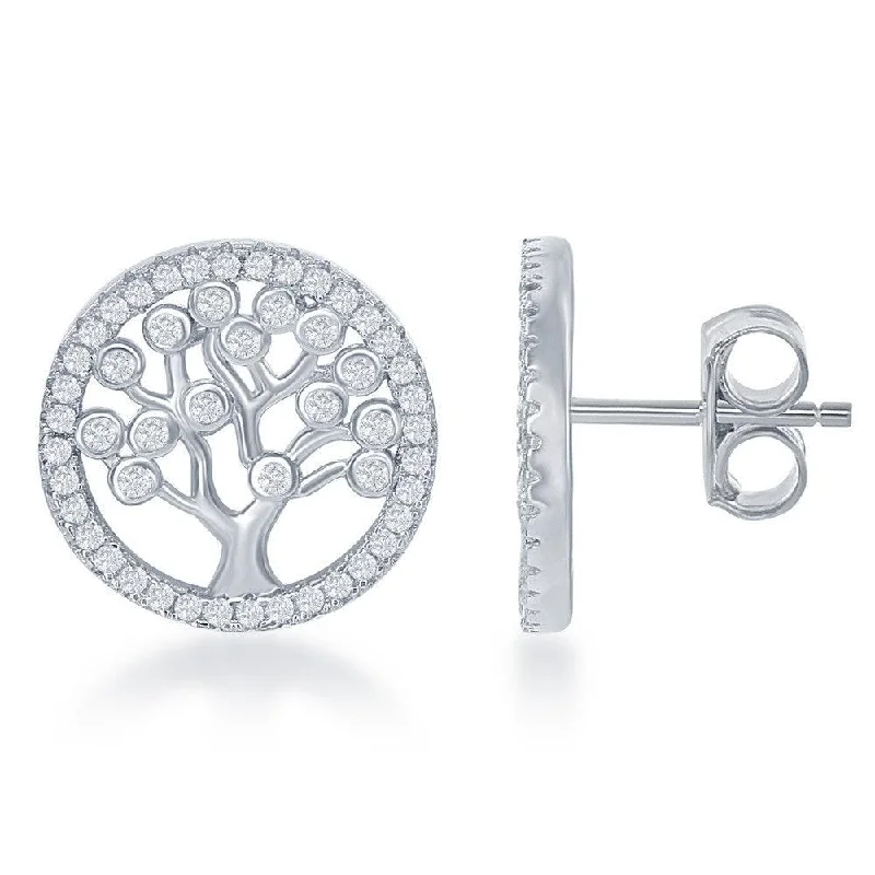 Ethnic Earrings-Sterling Silver CZ Round Tree Earrings