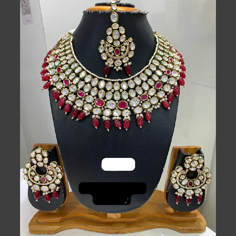 Double Chain Necklace-Jain Jewellers Gold Plated Polki Kundan Stone And Pearls Necklace Set