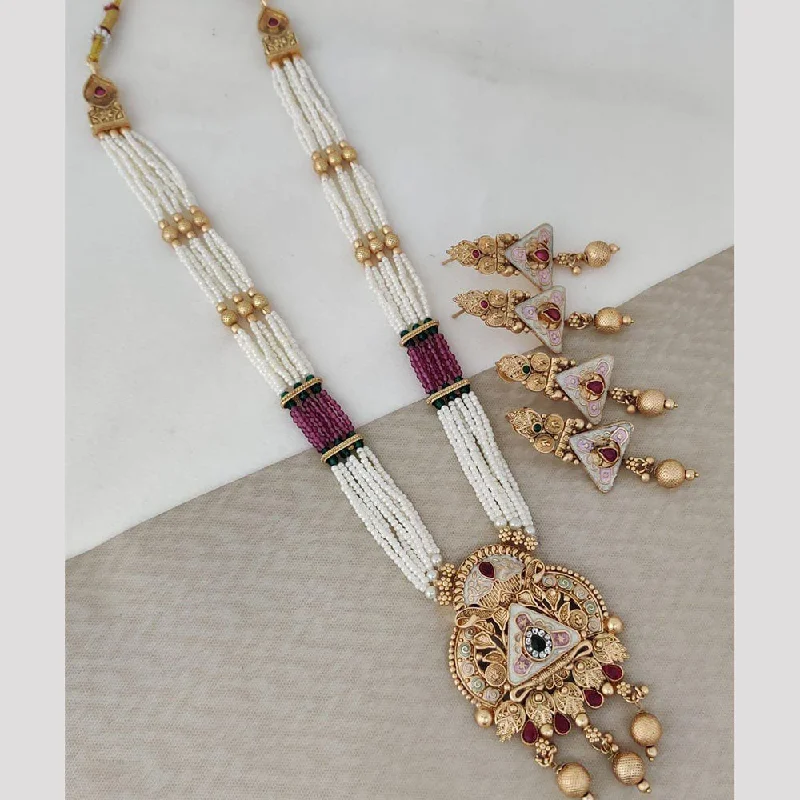 Luxury Pearl Necklace-Rani Sati Jewels Gold Plated Pota Stone And Pearl Long Necklace Set