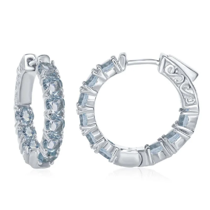 Glamorous Drop Earrings-Sterling Silver Blue Topaz Gemstone Hoop Earrings