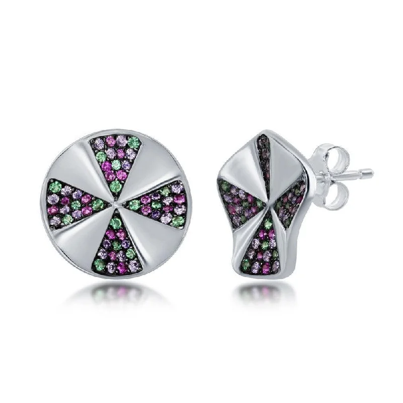 Chic Hoop Earrings-Sterling Silver Rainbow CZ Designed Stud Earrings