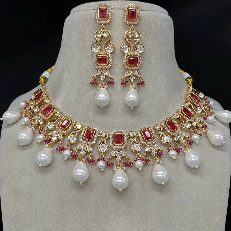 Gold Heart Necklace-Royal Kundan Jewellery Gold Plated Polki Kundan And Pearls Necklace Set