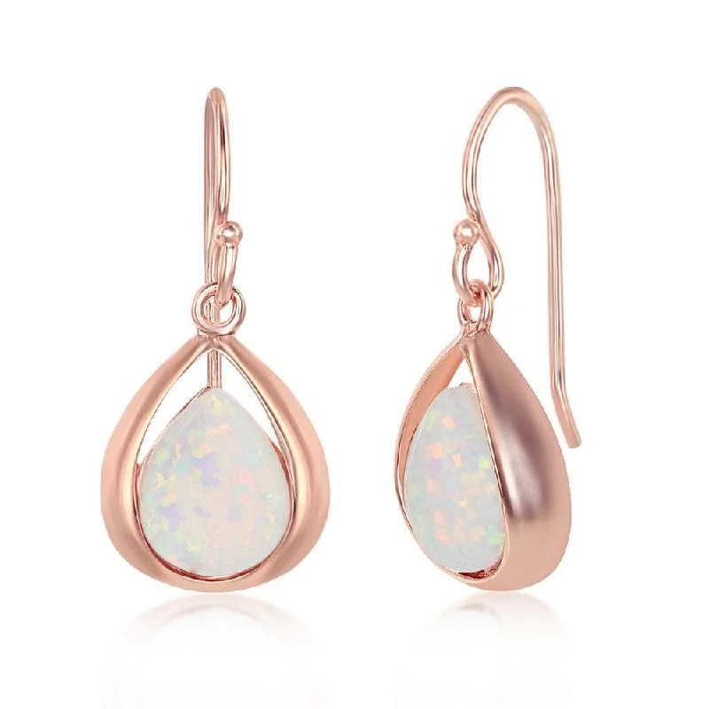 Simple Pearl Earrings-Sterling Silver Rose Gold Plated Pear-Shaped White Opal Earrings