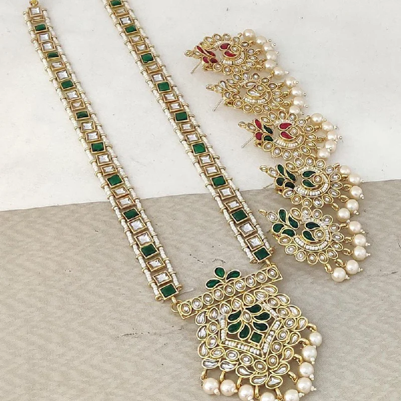 Minimalist Pendant Necklace-Rani Sati Jewels Gold Plated Pearl And Kundan Long Necklace Set