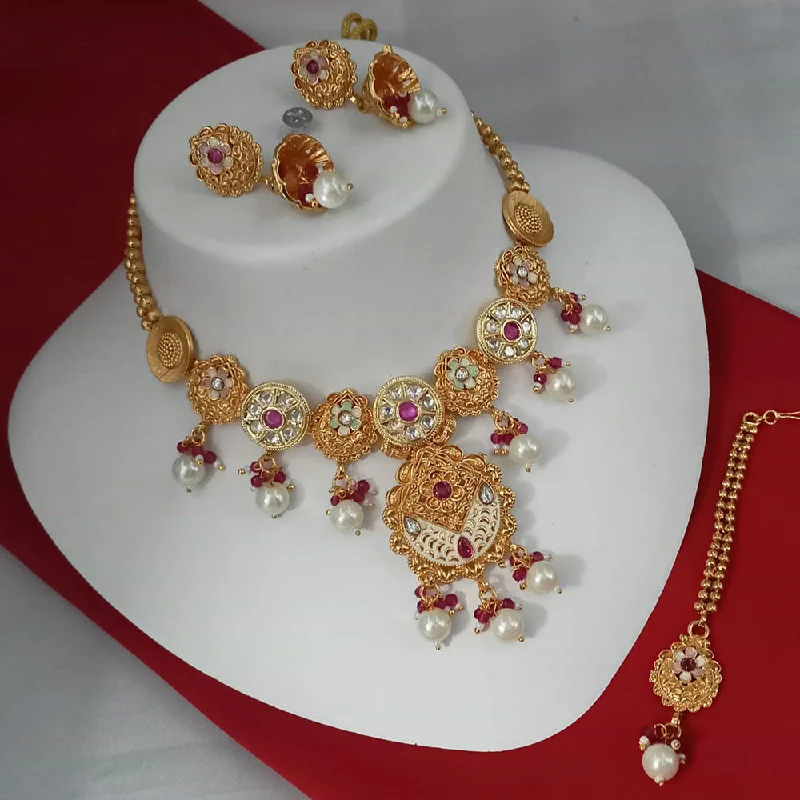 Artistic Necklace for Women-Padmawati Bangles Gold Plated Polki Kundan Stone And Pearls Necklace Set