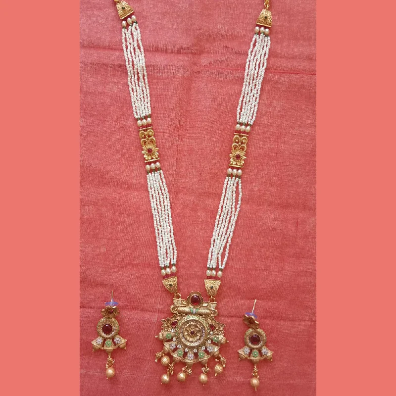 High-End Gold Necklace-Neetu Art Gold Plated Pota Stone And Pearl Long Necklace Set