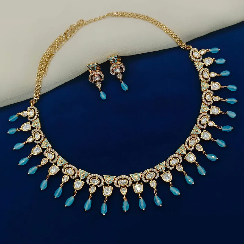 Elegant Pearl Drop Necklace-Royal Kundan Jewellery Gold Plated Polki Kundan And Beads Necklace Set