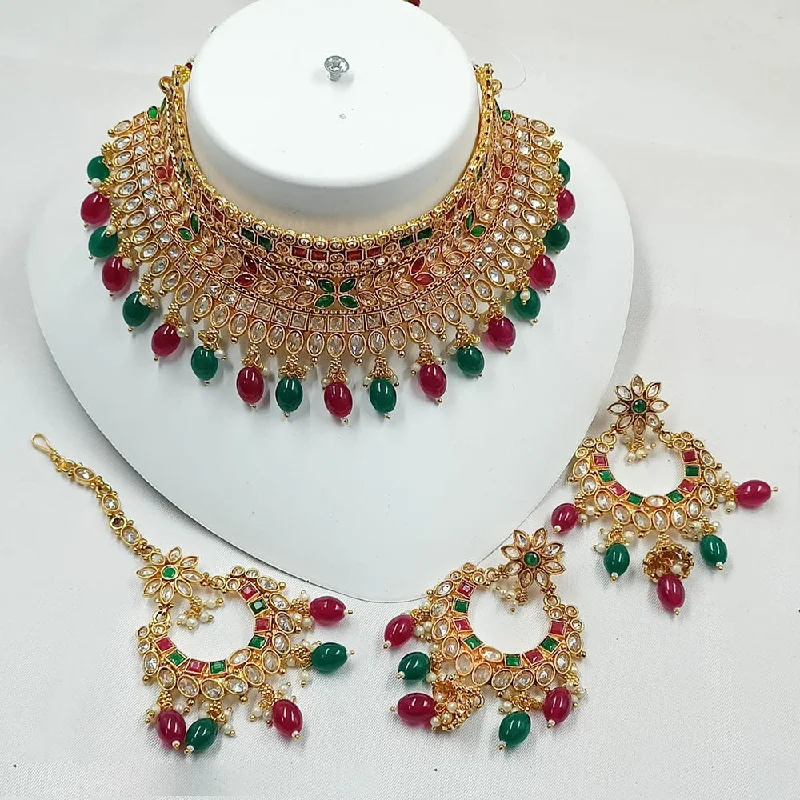 Vintage-inspired Choker Necklace-Padmawati Bangles Gold Plated Crystal Stone Choker And Pearls Necklace Set