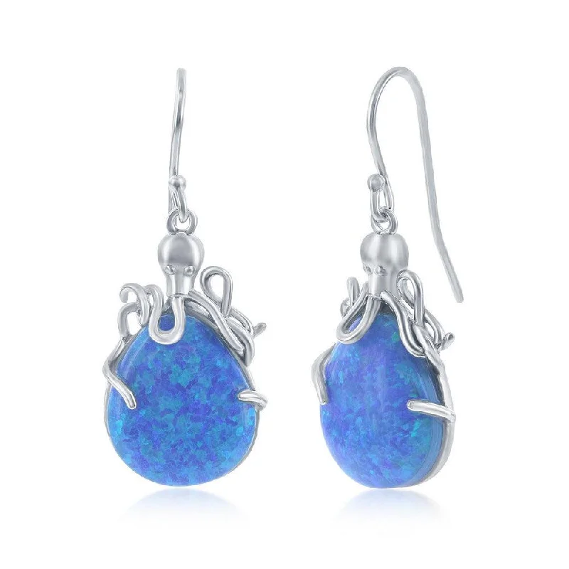 Glamorous Drop Earrings-Sterling Silver Blue Opal Octopus Earrings