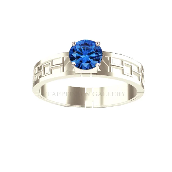 Custom Diamond Wedding Ring-UNIQUE TARTAN PRINT ENGAGEMENT RING IN WHITE GOLD WITH SAPPHIRE