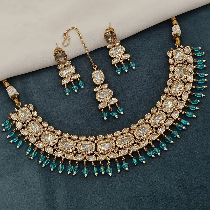 Rose Gold Pendant Necklace-Royal Kundan Jewellery Gold Plated Polki Kundan And Beads Necklace Set