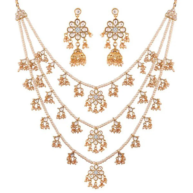 Classic Gold Pendant Necklace-SNERA  Gold Plated Kundan Stone And Pearl Necklace Set