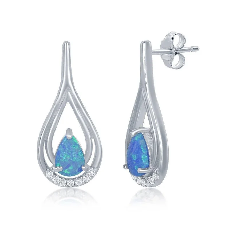 Beaded Drop Earrings-Sterling Silver Blue Opal Pearshaped With CZ Earrings