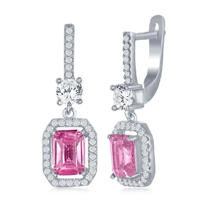 High-End Diamond Earrings-Sterling Silver Center Pink Emerald Cut CZ Earrings