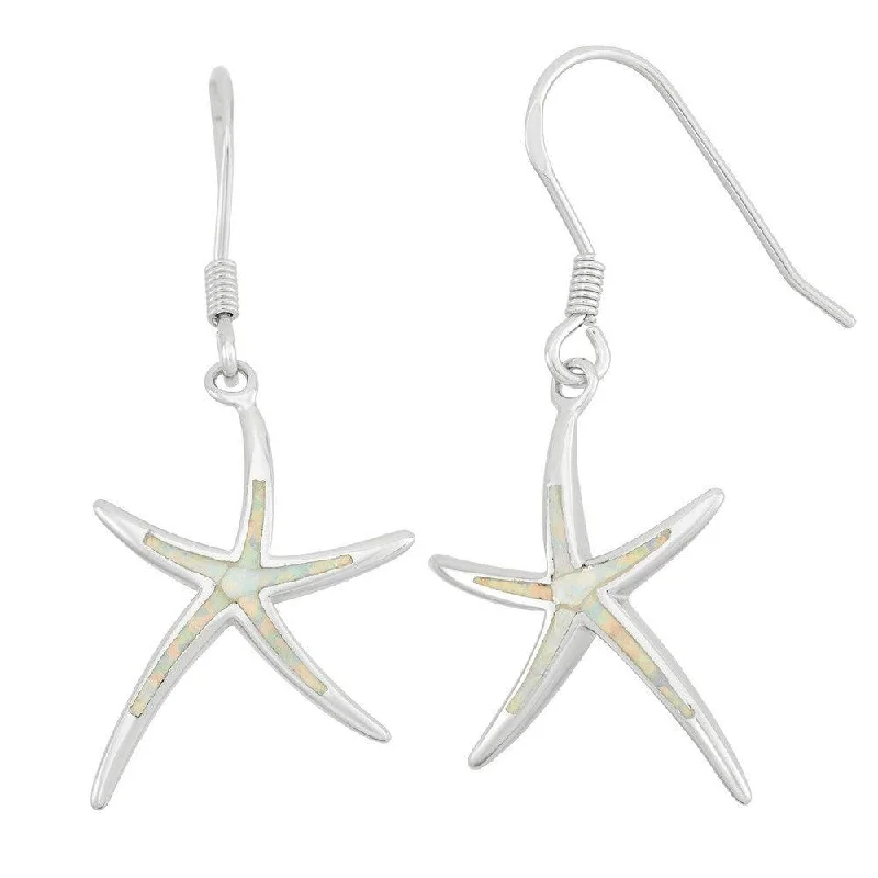 Chic Drop Earrings-Sterling Silver White Inlay Opal Starfish Earrings