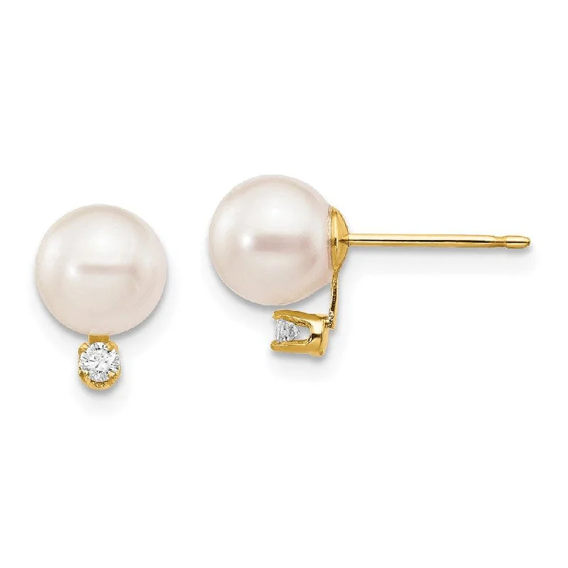 Luxury Stud Earrings-14k 6-7mm White Round Saltwater Akoya Cultured Pearl Diamond Post Earrings