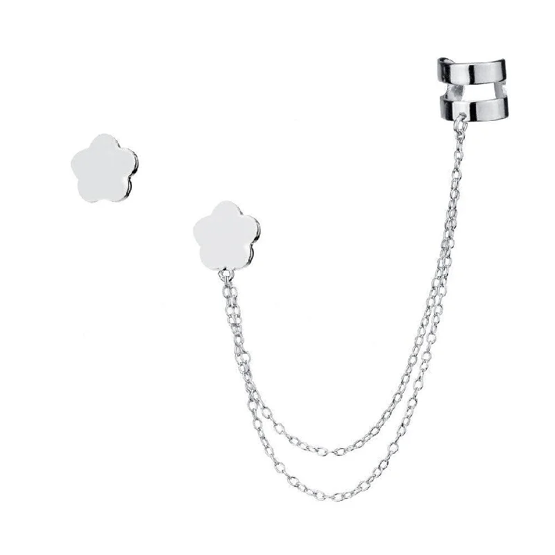 Geometric Drop Earrings-Sterling Silver Single Stud with Cuff Flower Earrings