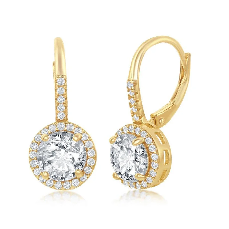 Silver Hoop Earrings-Sterling Silver Gold Plated Round CZ Halo Earrings