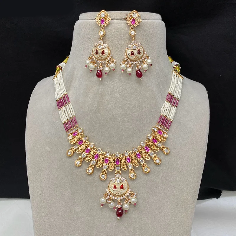 Double Chain Necklace-Royal Kundan Jewellery Gold Plated Polki Kundan And Pearls Necklace Set