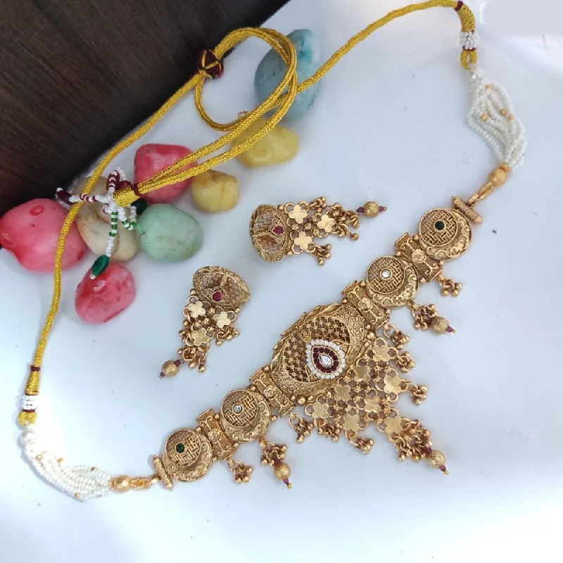 Fashionable Crystal Necklace-Heera Jewellers Gold Plated Pota Stone And Pearls Choker Necklace Set