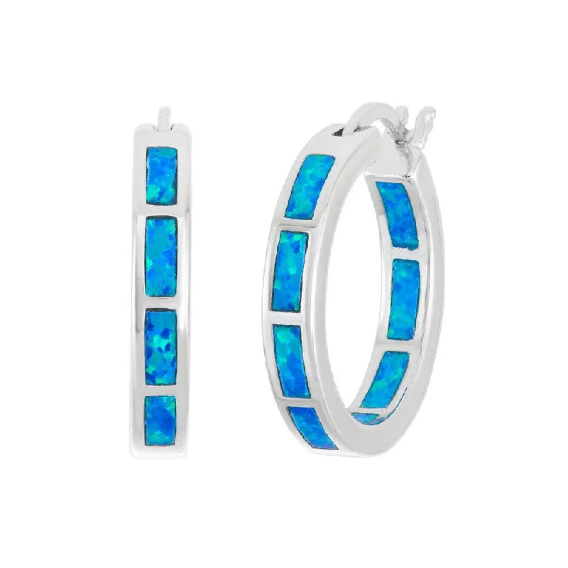 Black Metal Earrings-Sterling Silver Blue Inlay Opal Hoop Earrings