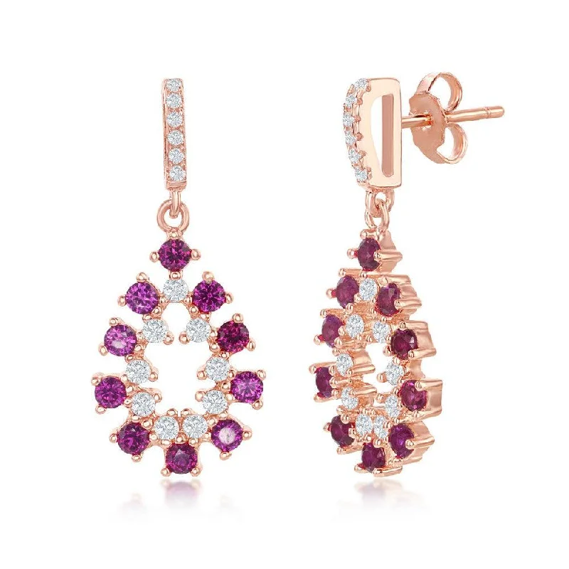 Unique Statement Earrings-Sterling Silver Rose Gold plated Ruby CZ Pear Shaped Earrings